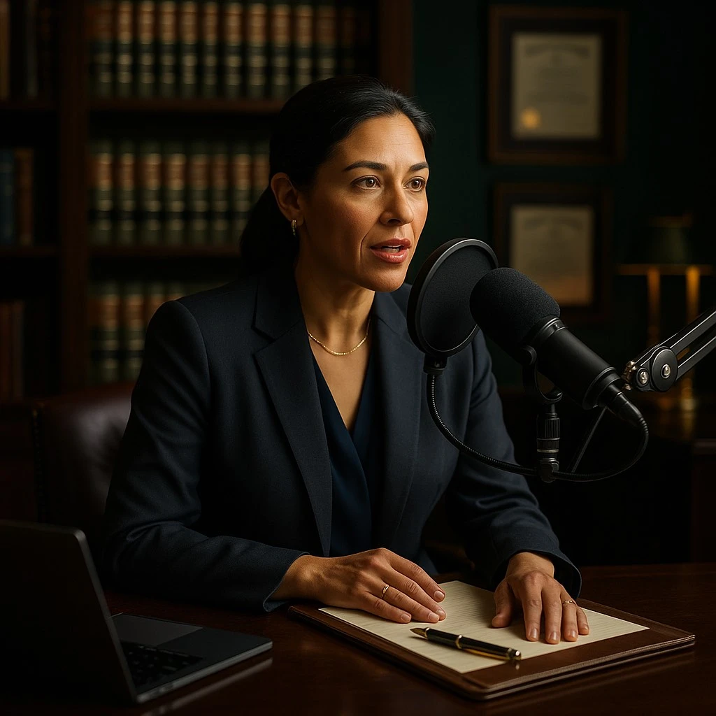 Attorney recording a podcast episode in a law office
